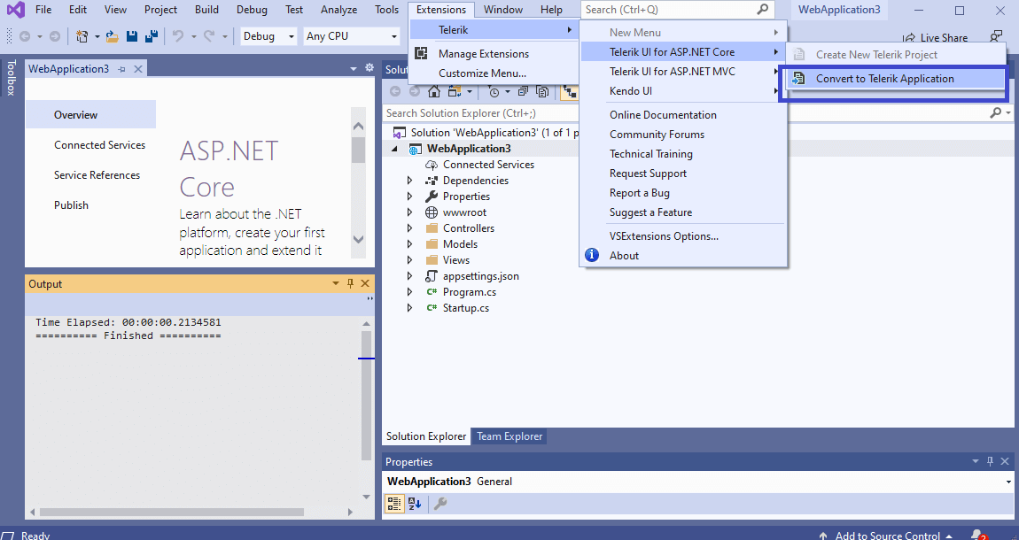 UI for ASP.NET Core Convert Wizard in VS from Extensions