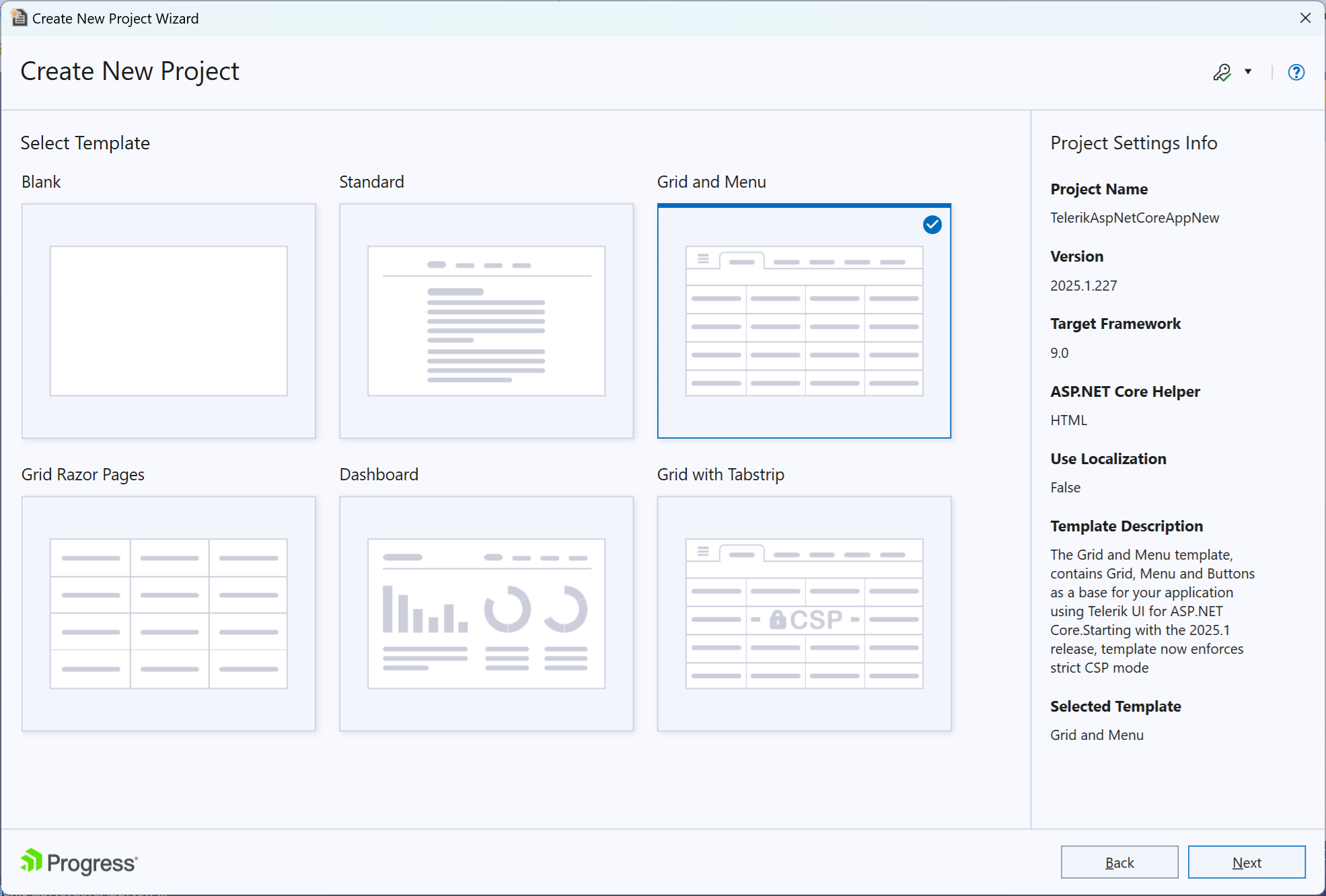 UI for ASP.NET Core Project template options