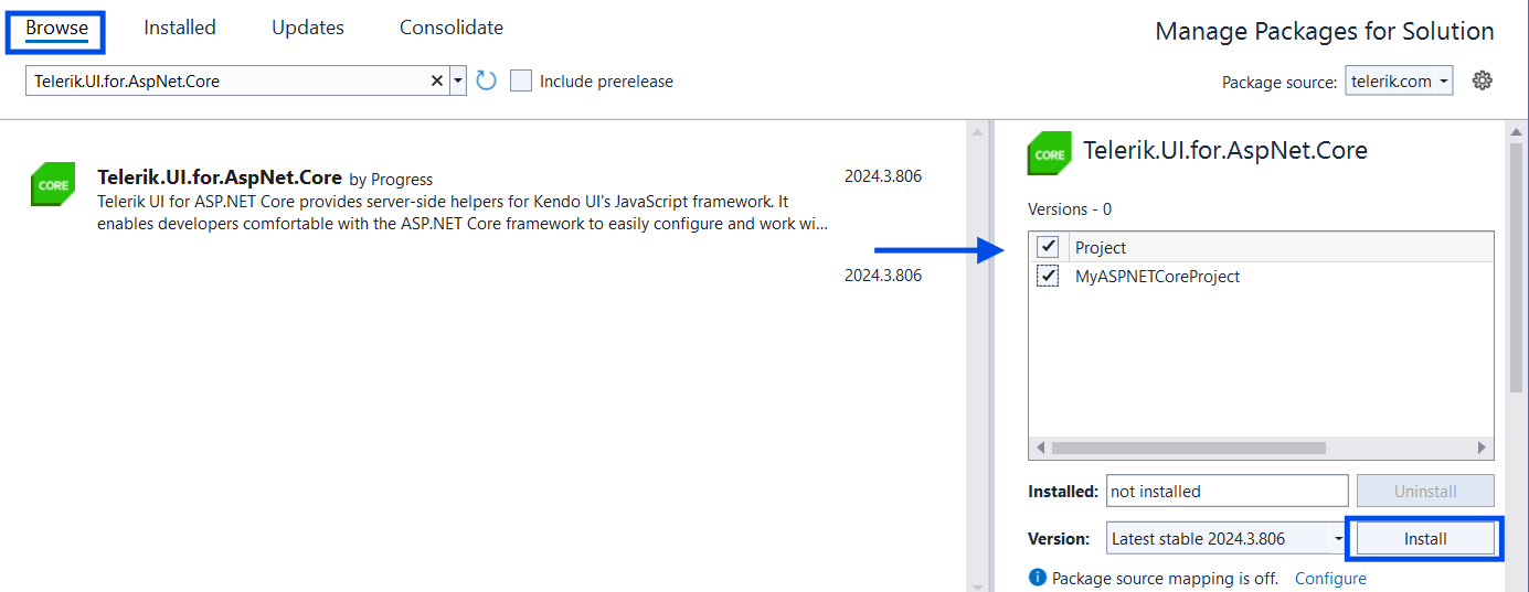 UI for ASP.NET Core Selecting and installing the NuGet package
