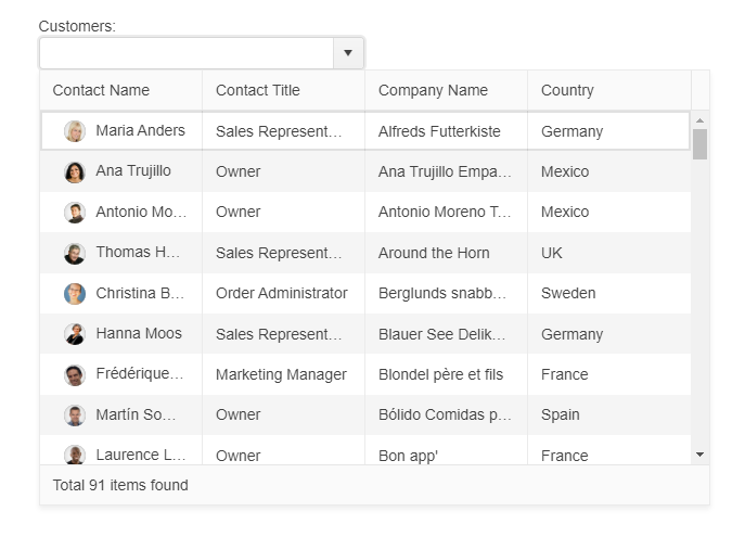 Sample Telerik UI for ASP.NET Core MultiColumnComboBox