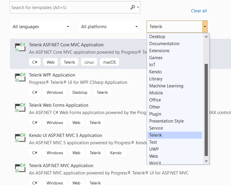 UI for ASP.NET Core Locating the Telerik UI Template