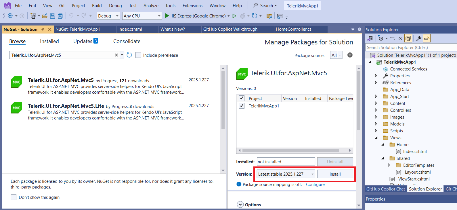 UI for ASP.NET MVC Selecting and installing the NuGet package