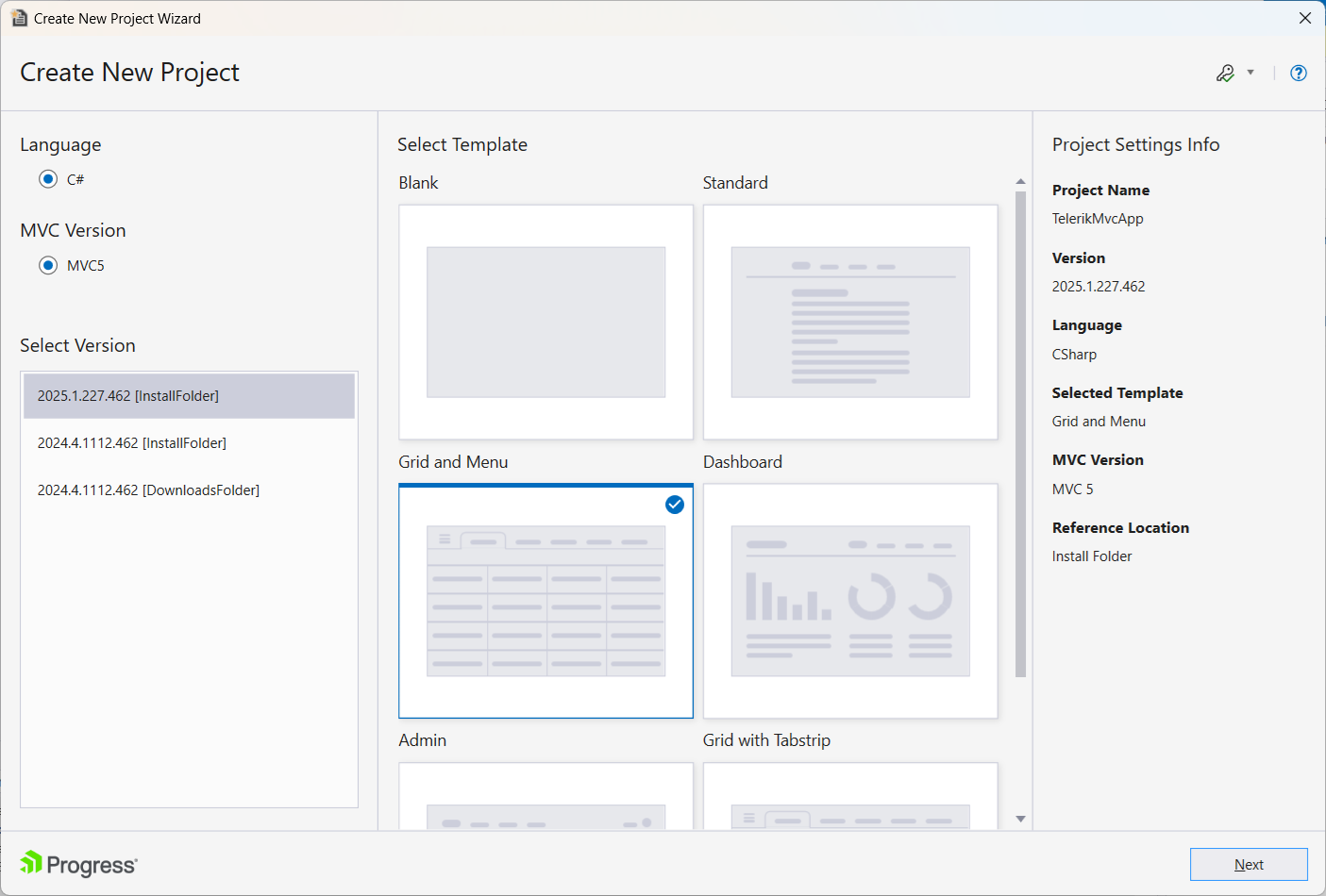 UI for ASP.NET MVC Project template options