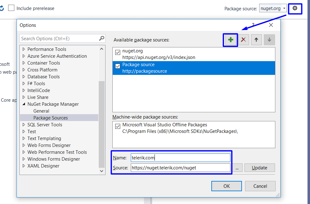 Add the Telerik NuGet Feed in Visual Studio