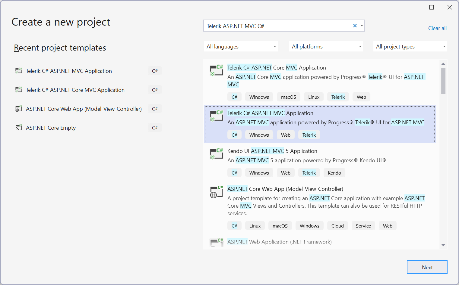 UI for ASP.NET MVC Create a new Telerik application