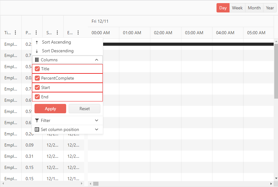 Templated Column Chooser example with the Gantt component for Blazor