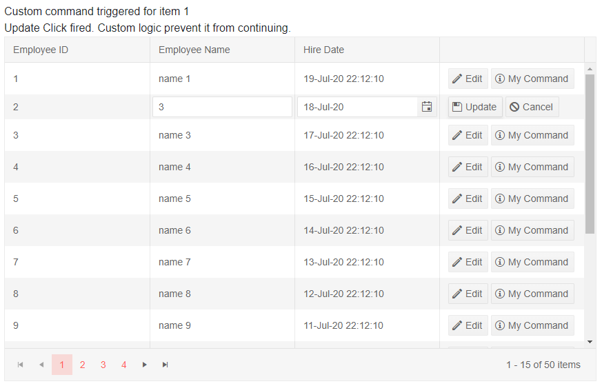 Blazor Grid Command Column Result