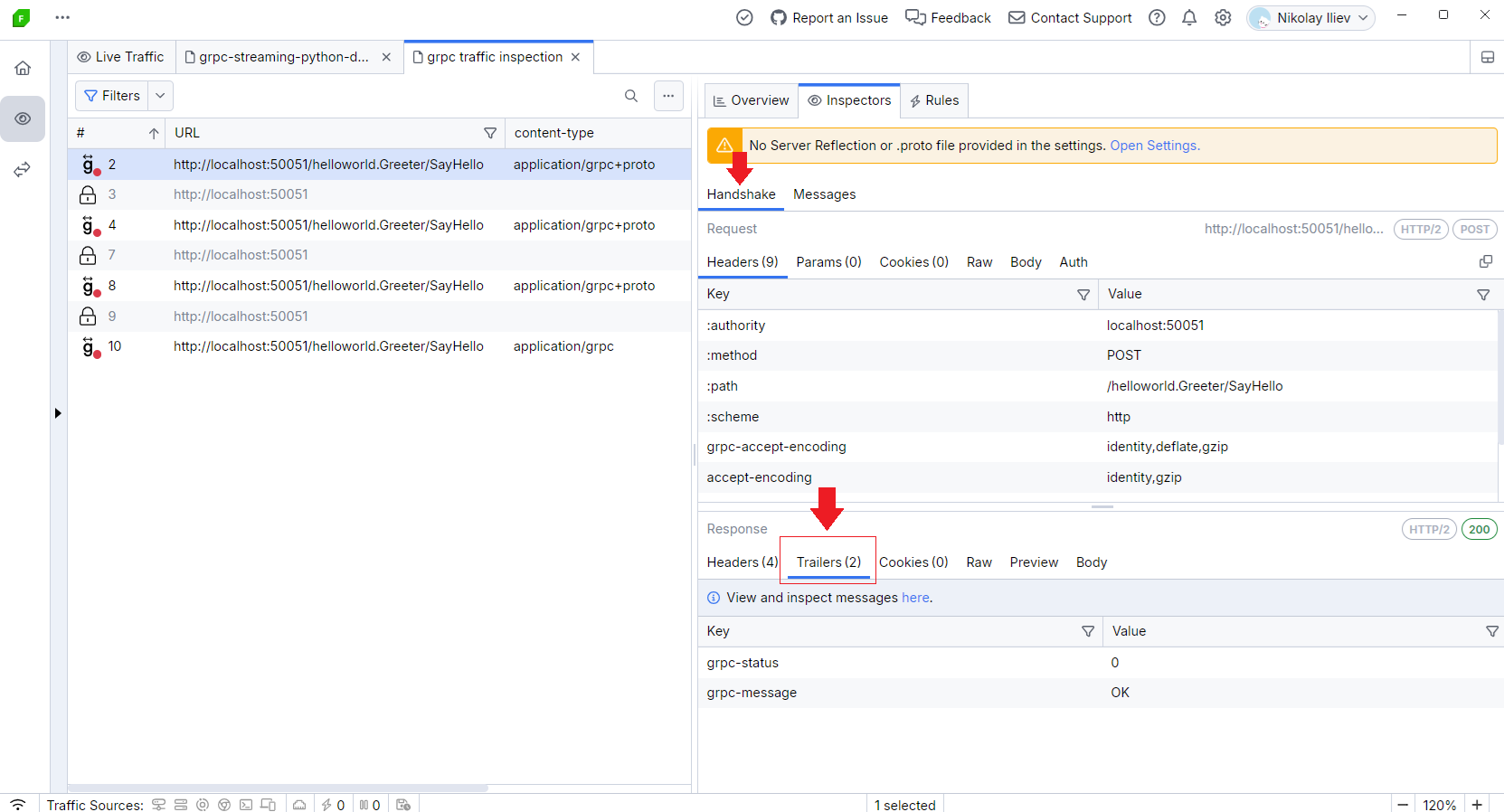 gRPC traffic and the Trailers inspector