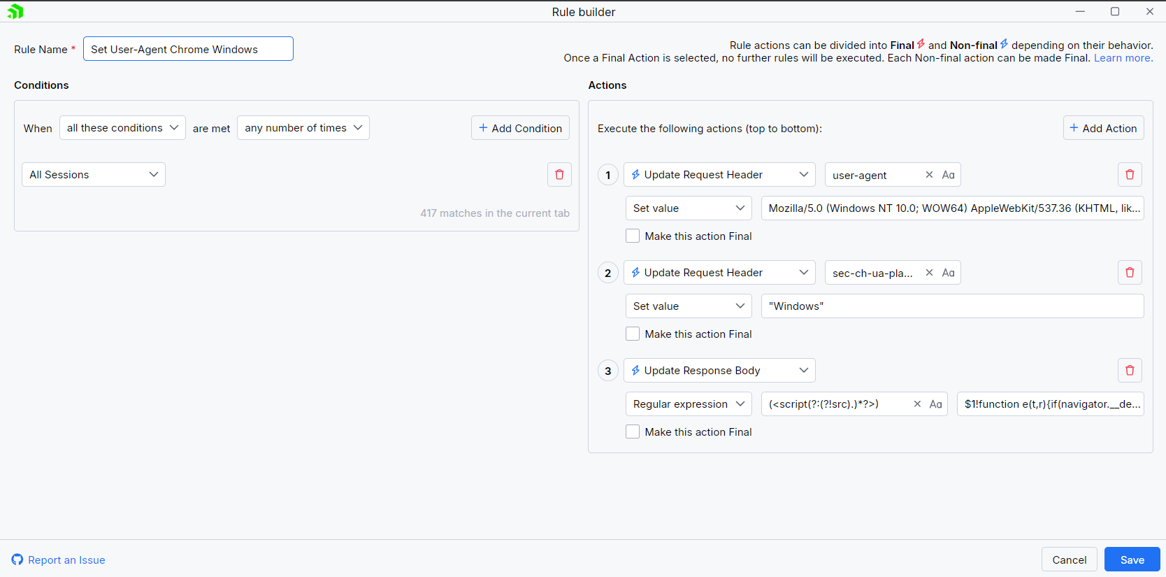 Creating "Set User-Agent Chrome Windows" rule