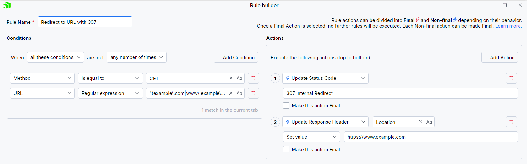 Creating "Redirect to URL with 307" rule