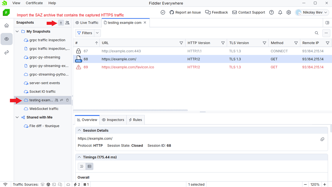 Loading SAZ archive with captured traffic
