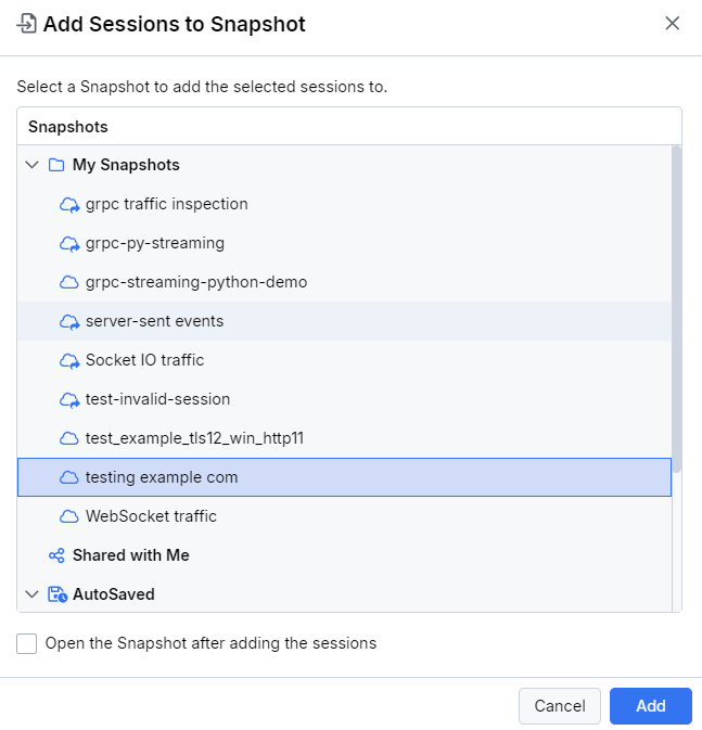The "Add to snapshot" dialog presents a tree to choose from a the list of saved snapshots