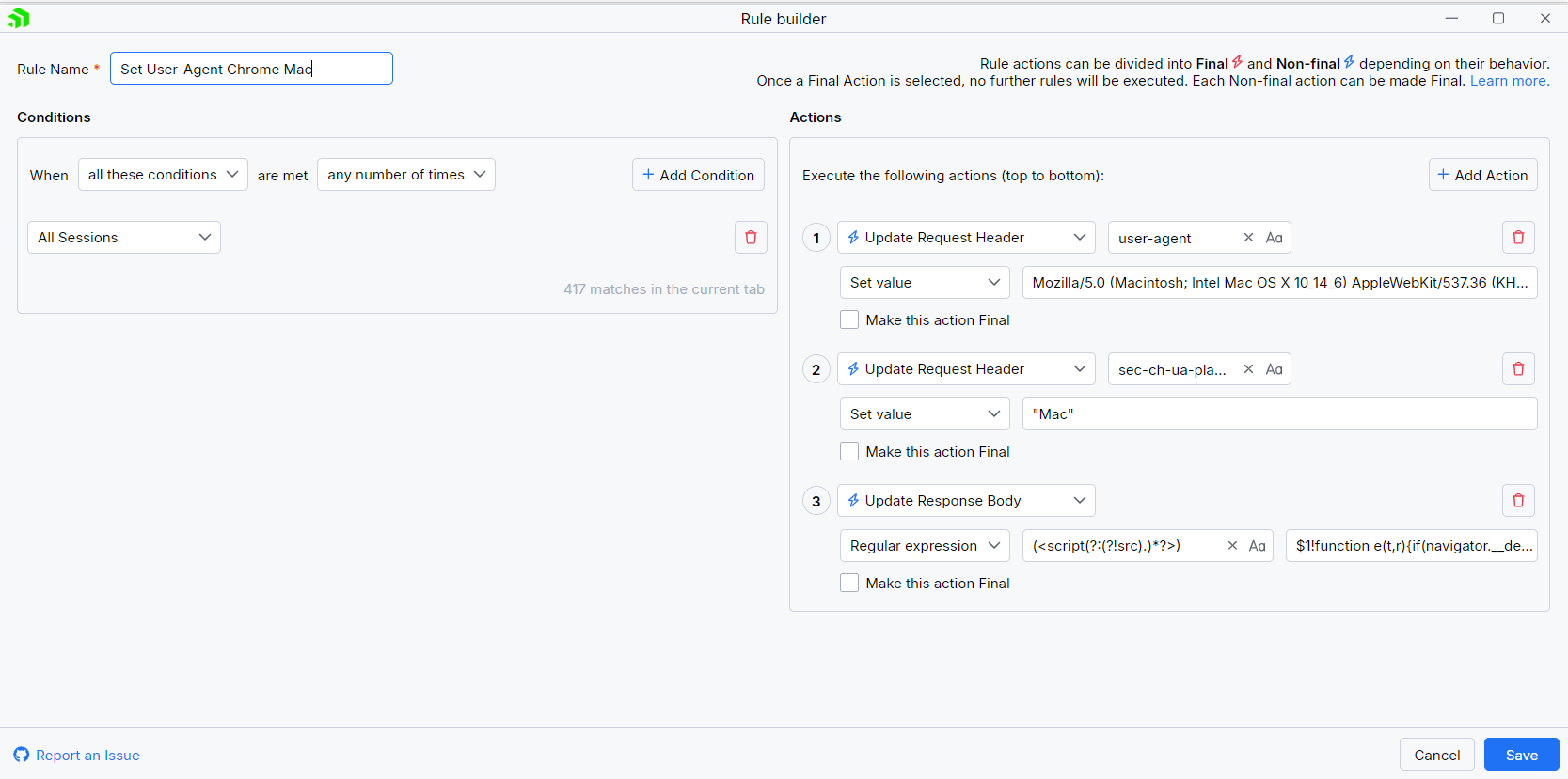 Creating "Set User-Agent Chrome Mac" rule