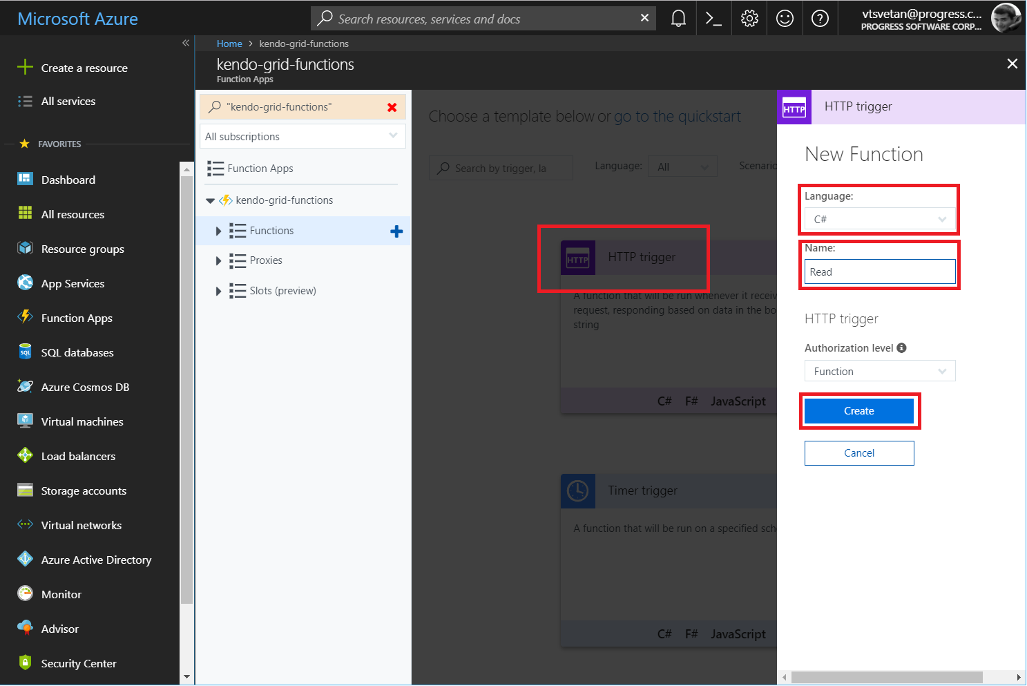 Kendo UI for Angular - Cloud Integration - HTTP trigger function in Azure