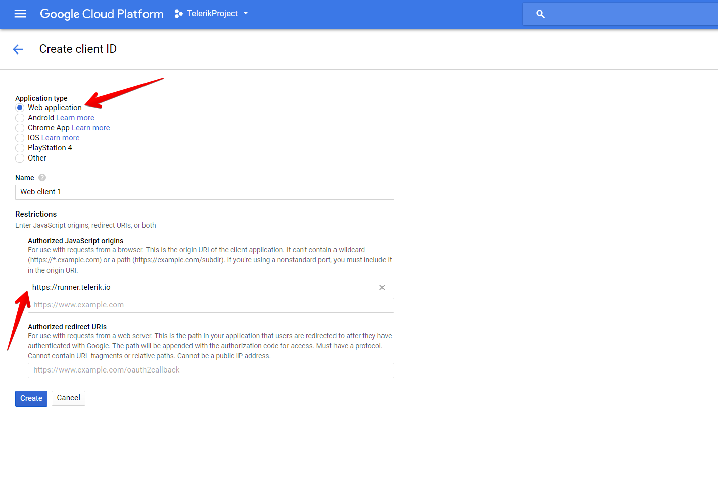 Kendo UI for Angular - Cloud Integration - Add authorized origin domain in Google Cloud Big Query