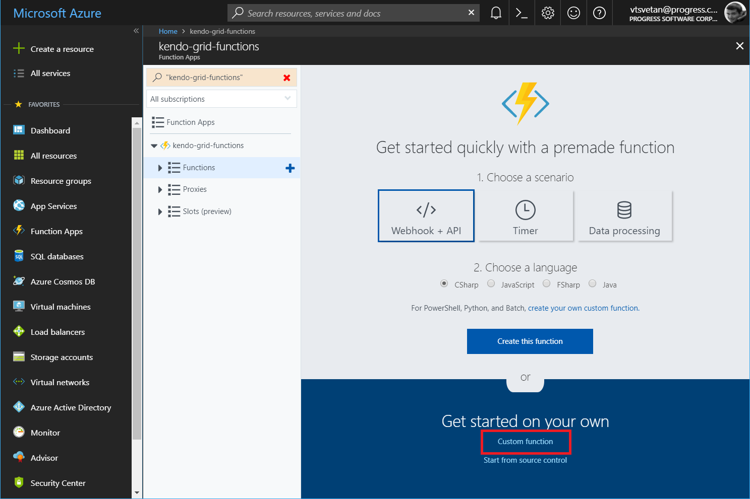 Kendo UI for Angular - Cloud Integration - Custom functions in Azure