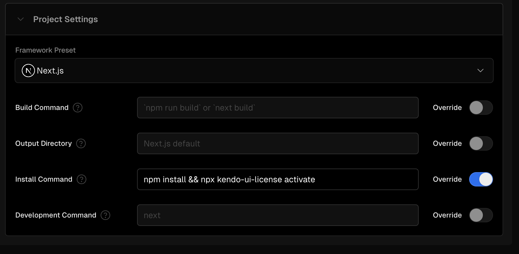 Vercel license activation in project settings