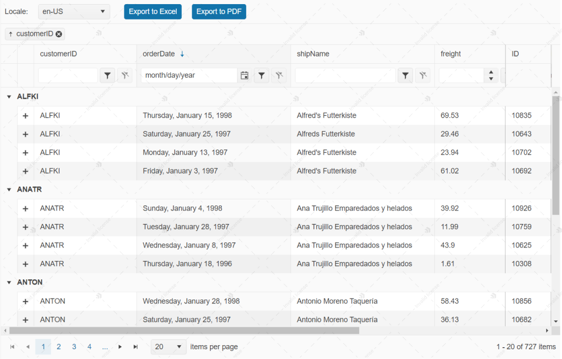 KendoReact - Grid with a watermark - Light theme