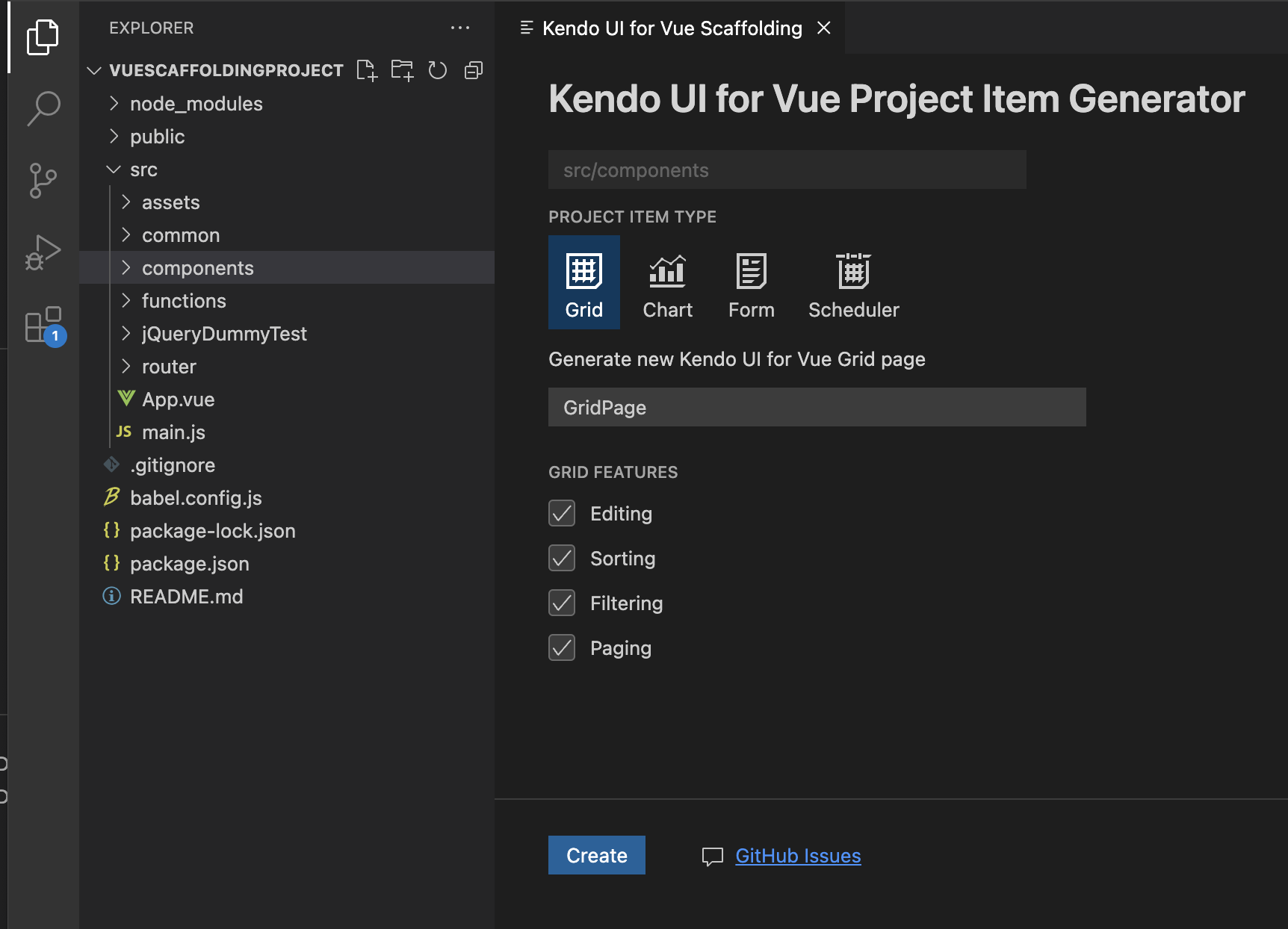 Scaffolders Wizard with the Kendo UI for Vue Project Item Generator dialog with the Scheduler selected as a project item type