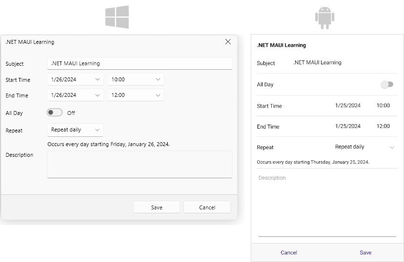 Telerik .NET MAUI Scheduler EditAppointmentDialog