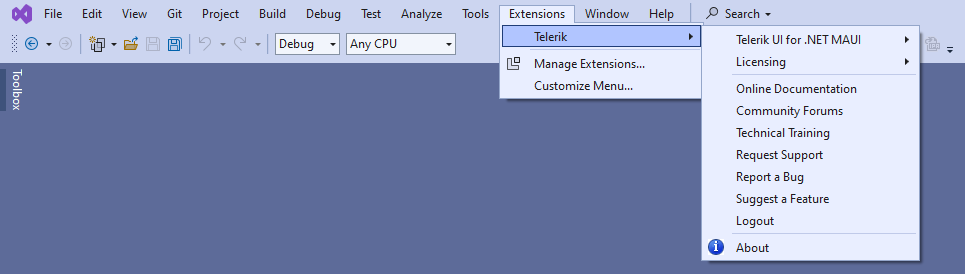 Telerik UI for .NET MAUI Visual Studio Extensions window