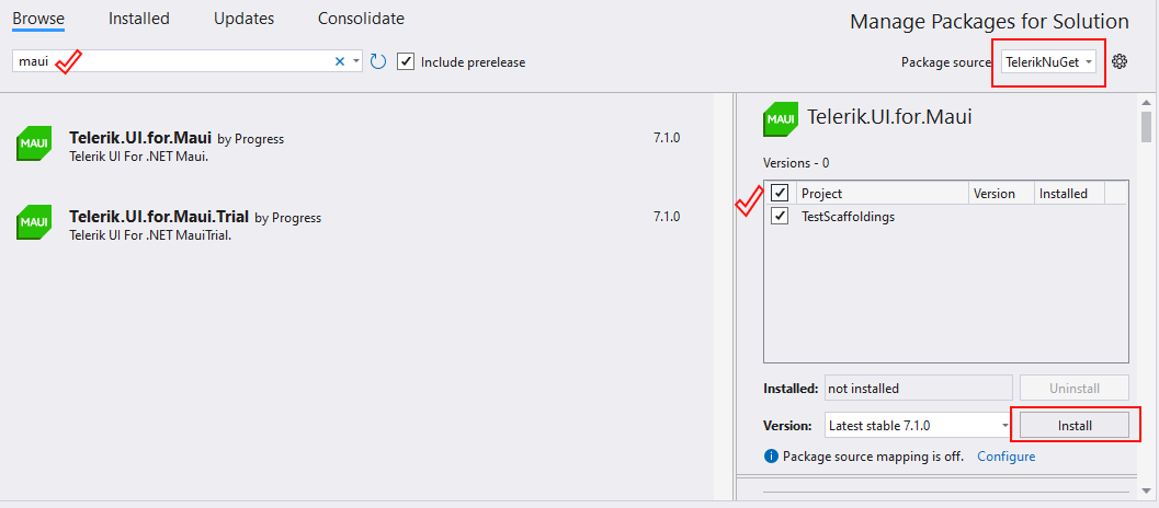 Manage Packages for Solutions dialog with the search field and the Telerik.UI.for.MAUI package
