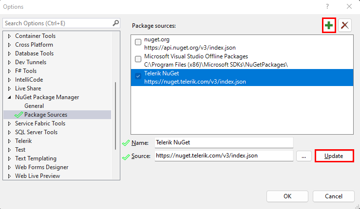 Package Sources field with the checked Telerik NuGet option