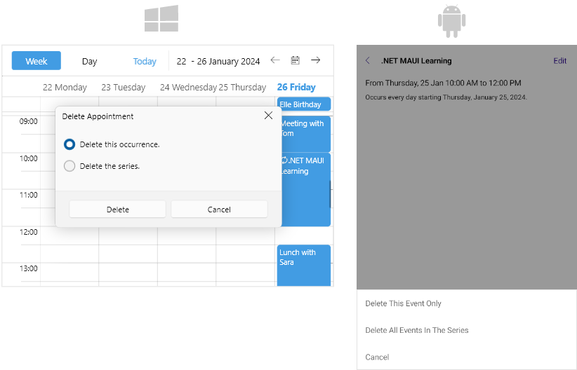 Telerik .NET MAUI Scheduler DeleteRecurrenceChoiceDialog