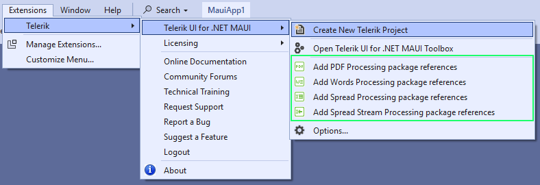 Telerik UI for .NET MAUI VS Extensions Menu