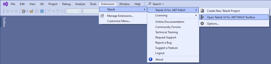 VS Extensions dialog with the path of selected options showing the Open Telerik UI for .NET MAUI Toolbox