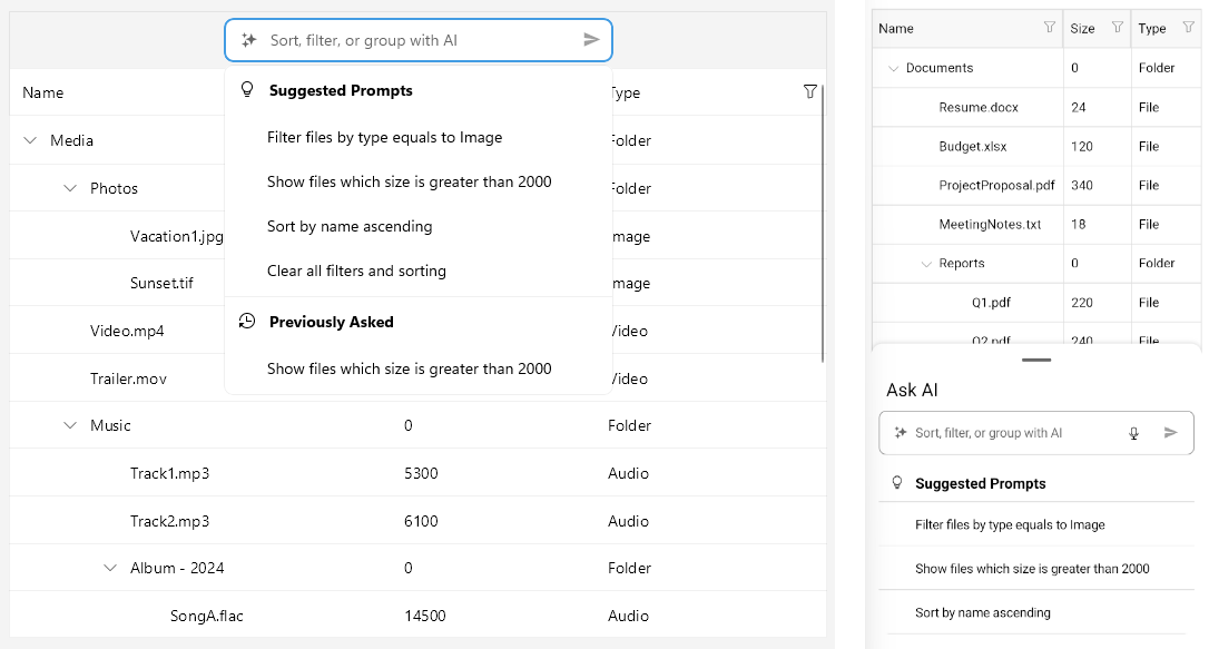 .NET MAUI TreeDataGrid AI Smart Assistant Panel