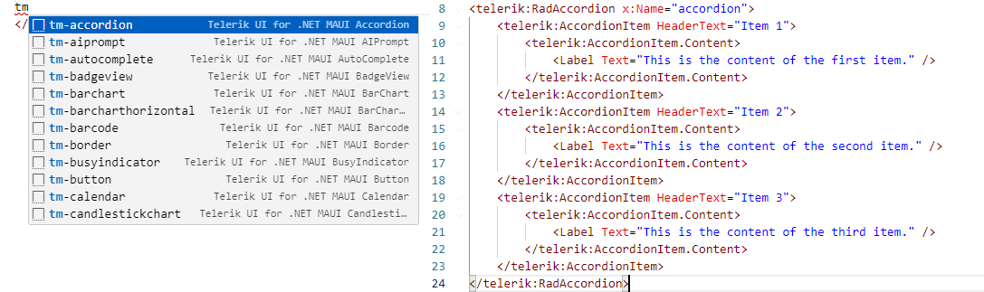 Telerik UI for .NET MAUI VS Code snippets