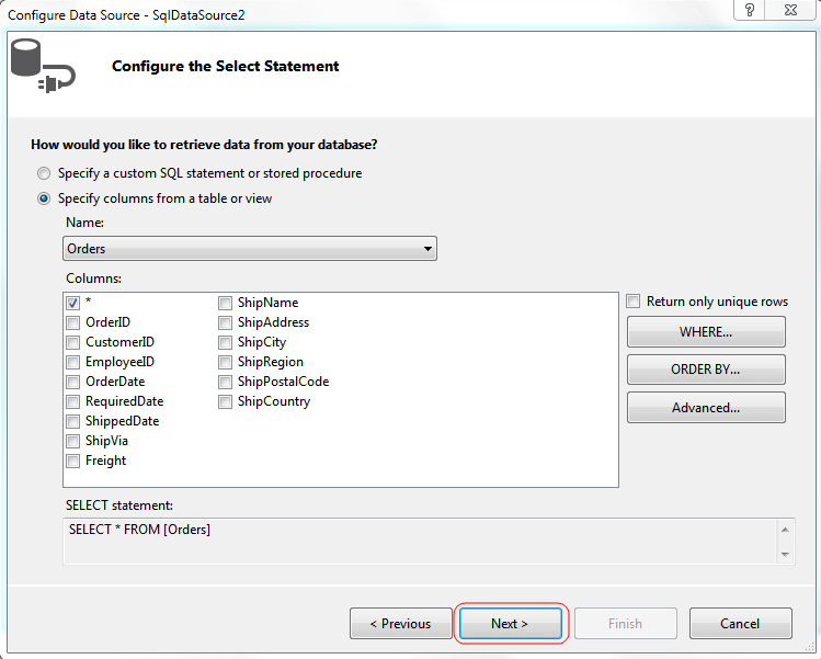 Configure Select Statement