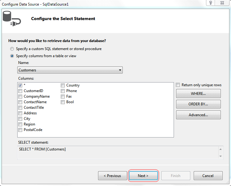 Configure Select Statement