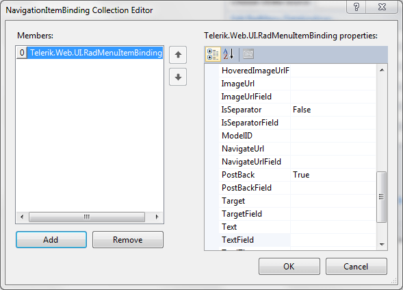 RadMenu NavigationItemBinding Collection Editor </legacyBold>lets you specify how to map the fields from a declarative data source to the properties of the items in your menu. To use the <legacyBold>NavigationItemBinding Collection Builder</legacyBold>, you must first set the <legacyBold>DataSourceID</legacyBold> property. Once the menu is bound to a data source, There are two ways to display the NavigationItemBinding Collection Builde
